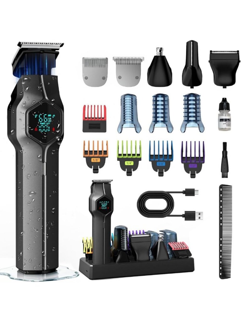 Men's Beard Trimmer with Magnetic Snap-on Heads - Adjustable Length, Gray